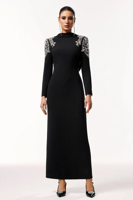 Ciara Elegant Embellished Backless Black Gown