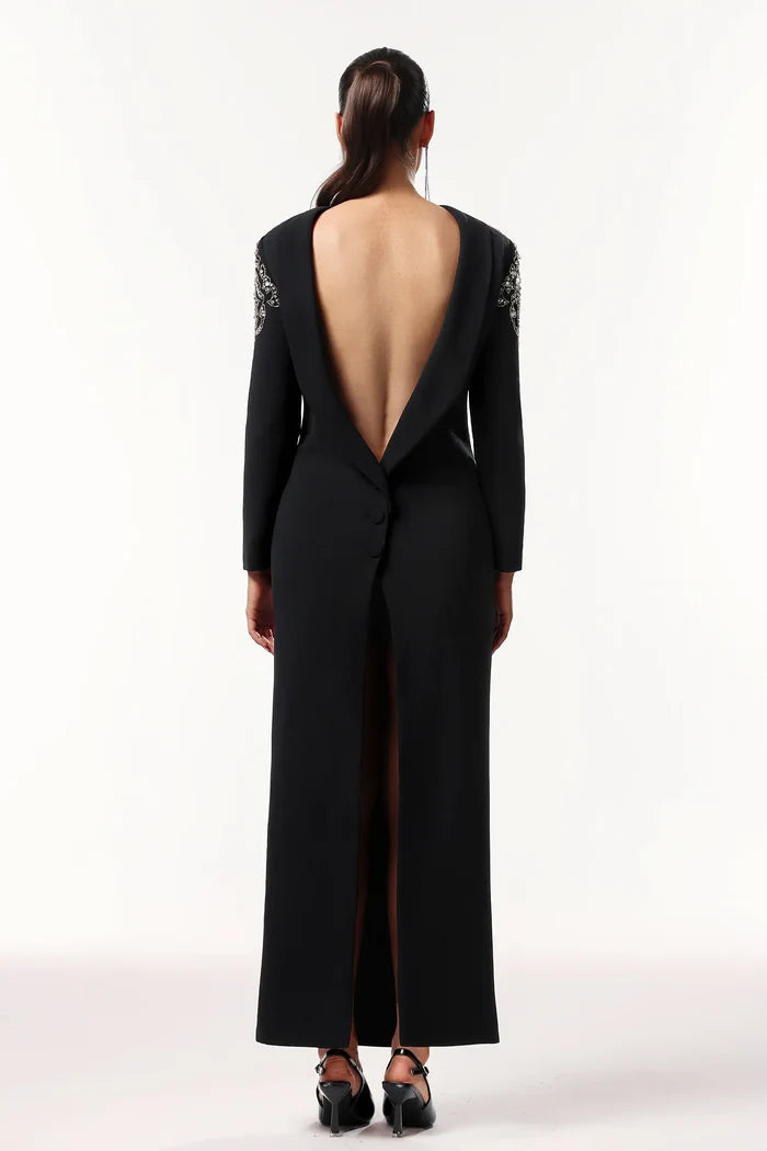 Ciara Elegant Embellished Backless Black Gown
