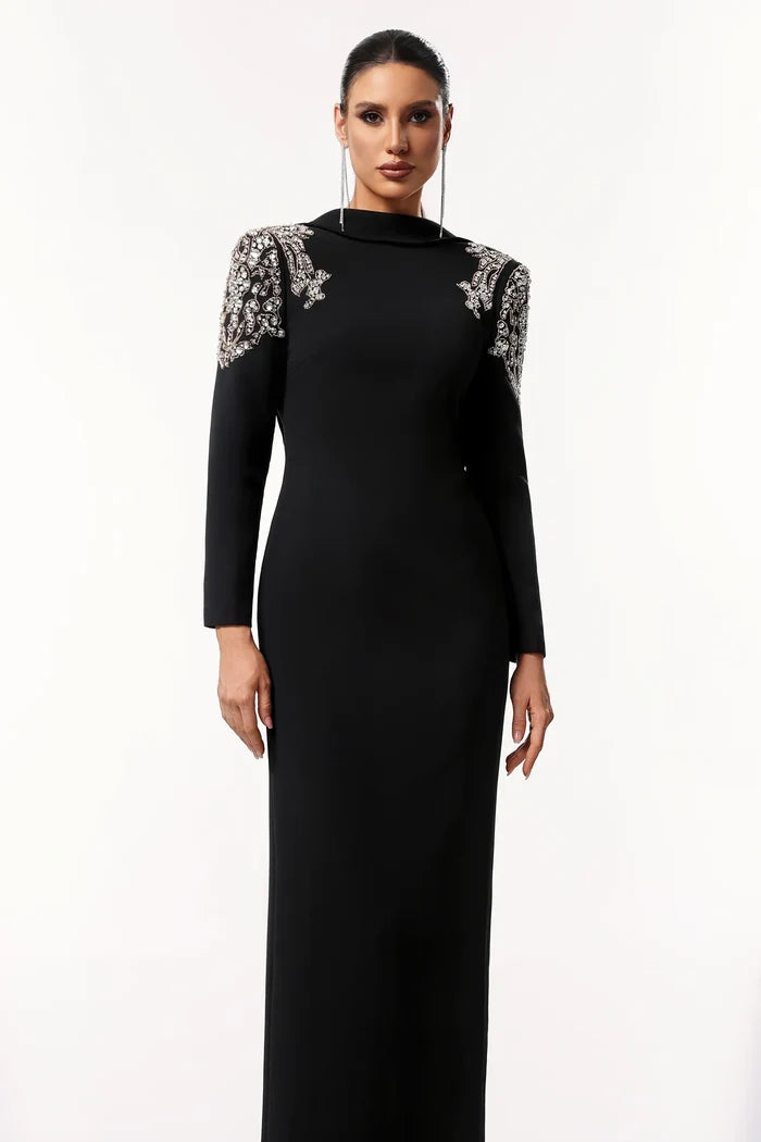 Ciara Elegant Embellished Backless Black Gown