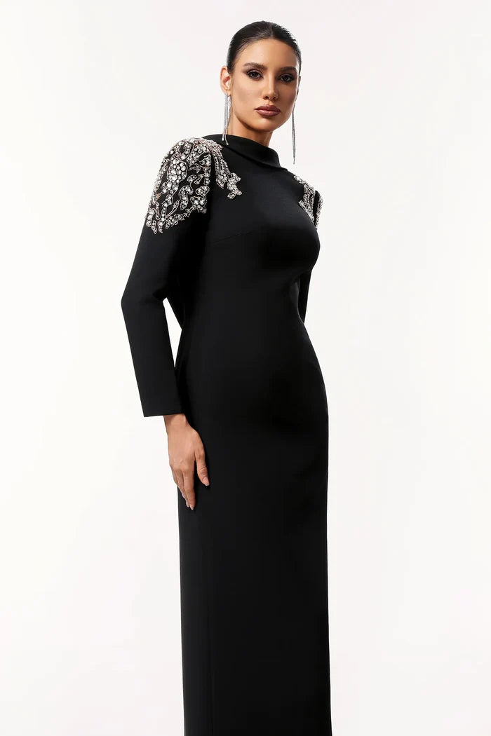 Ciara Elegant Embellished Backless Black Gown