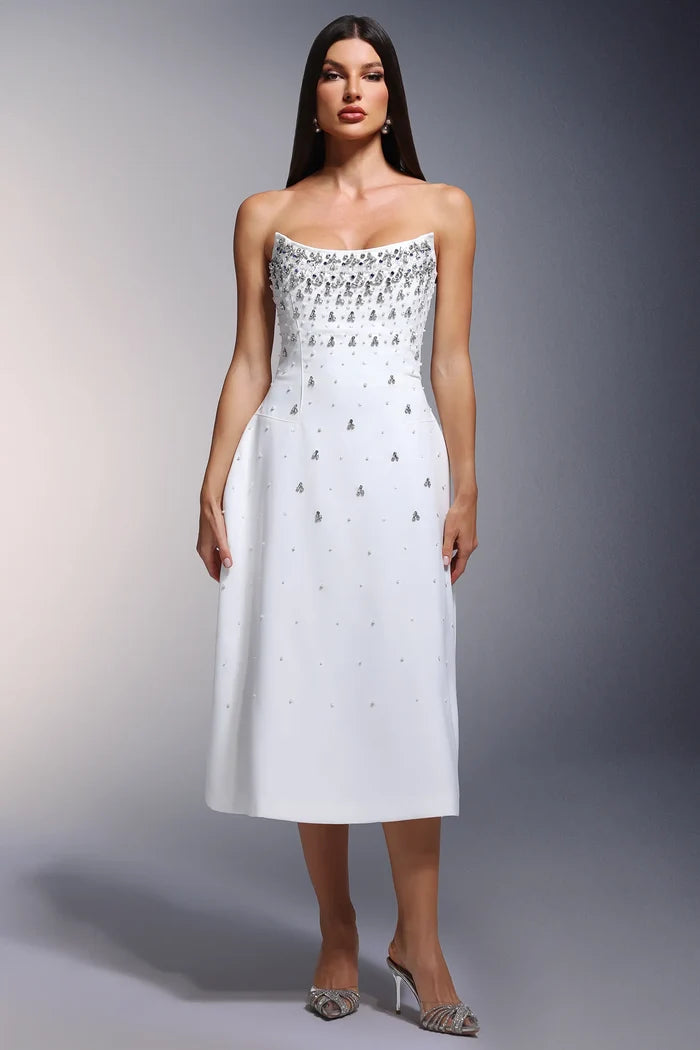 Clara White Embellished Strapless Midi Dress