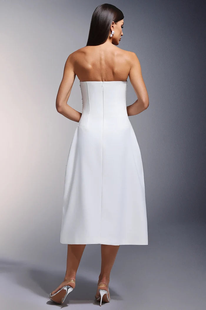 Clara White Embellished Strapless Midi Dress