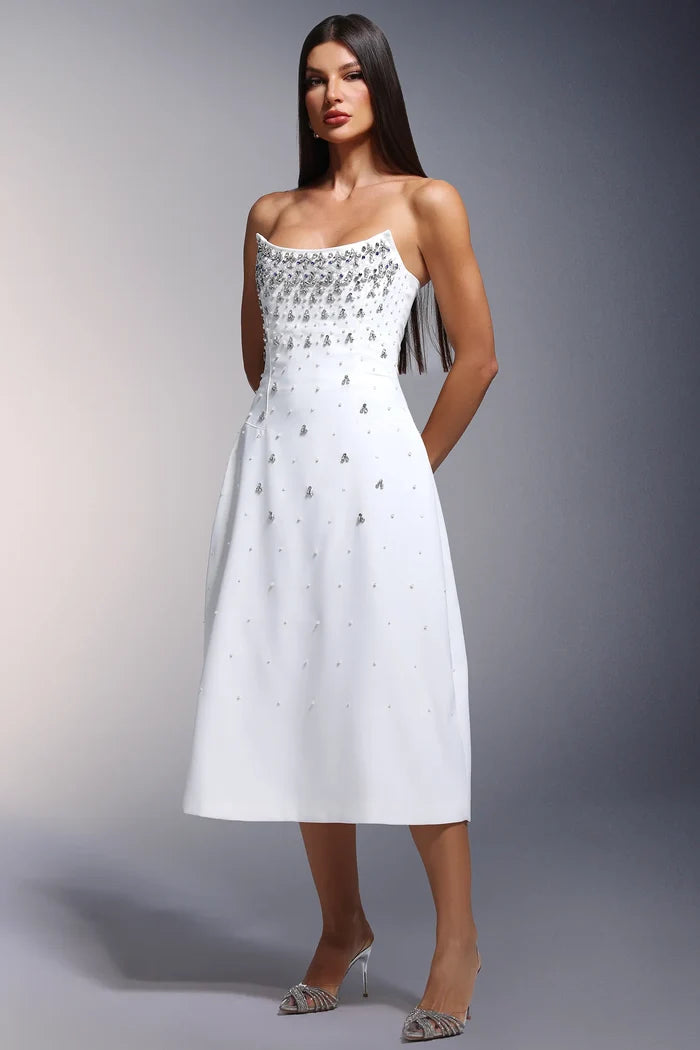 Clara White Embellished Strapless Midi Dress