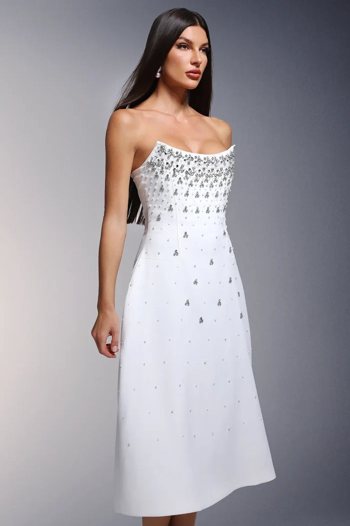 Clara White Embellished Strapless Midi Dress