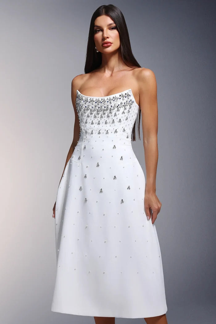 Clara White Embellished Strapless Midi Dress