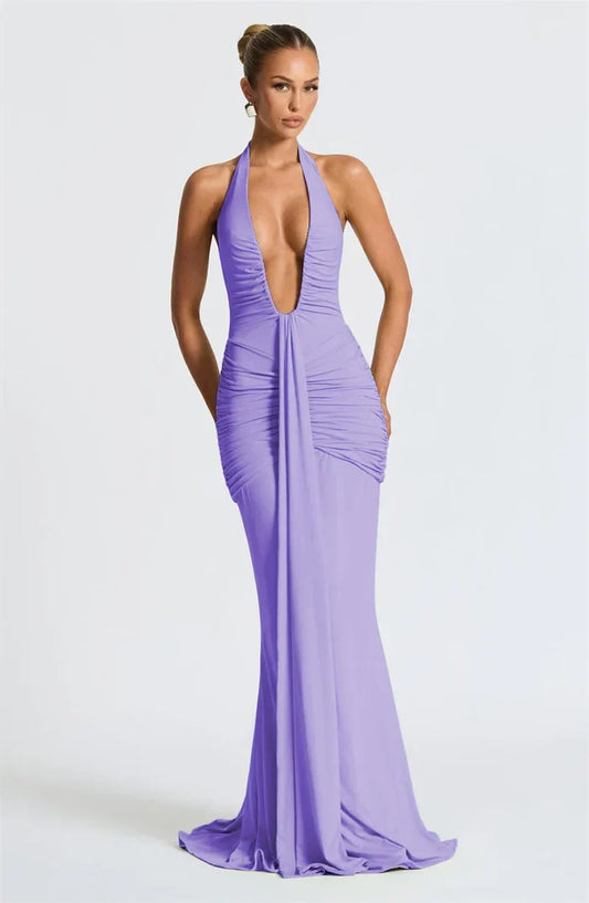 Clover Plunge Halter Ruched Maxi Dress