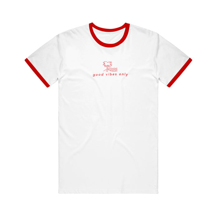 Common Ground Collective white ringer t-shirt with red collar and sleeve hems, featuring a small red palm tree graphic and good vibes only text centered on the chest.