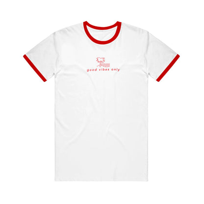 Common Ground Collective white ringer t-shirt with red collar and sleeve hems, featuring a small red palm tree graphic and good vibes only text centered on the chest.