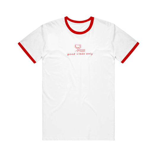 Common Ground Collective white ringer t-shirt with red collar and sleeve hems, featuring a small red palm tree graphic and good vibes only text centered on the chest.