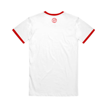 White t-shirt by Common Ground Collective with red collar and sleeve cuffs, shown from the back. Features a small circular red logo near the neckline; otherwise plain without other visible designs.