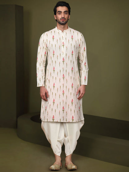 Cream Cotton Printed Kurta Dhoti Set
