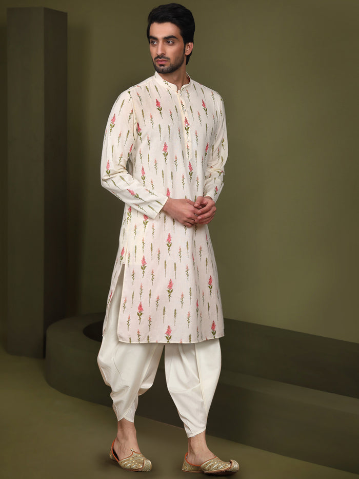 Cream Cotton Printed Kurta Dhoti Set
