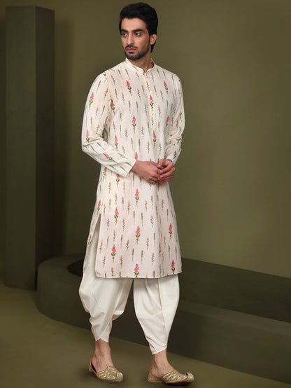 Cream Cotton Printed Kurta Dhoti Set