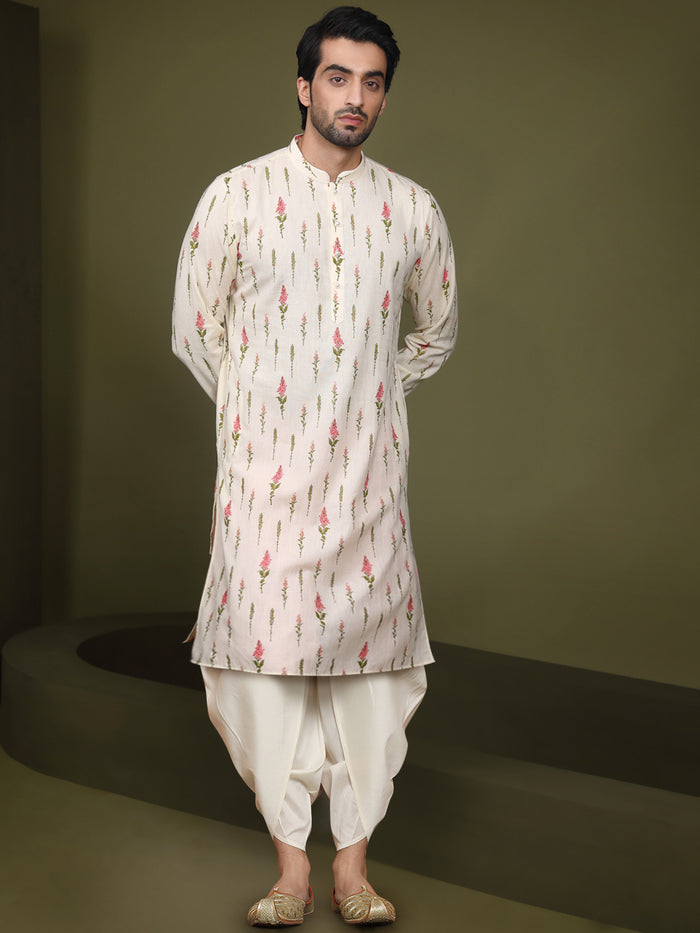 Cream Cotton Printed Kurta Dhoti Set