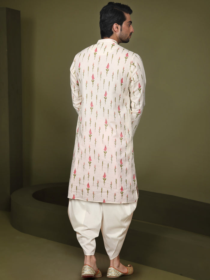 Cream Cotton Printed Kurta Dhoti Set