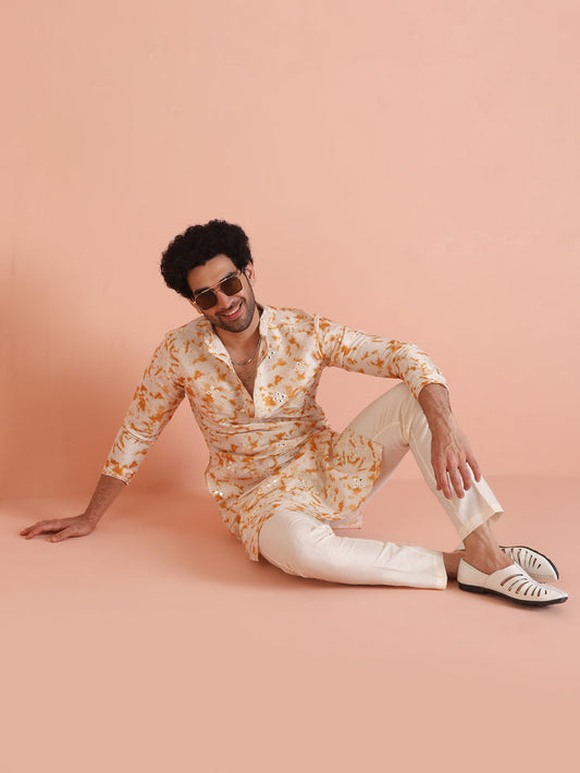 Cream Cotton Silk Mirror Work Kurta Trouser Set