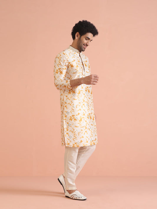 Cream Cotton Silk Mirror Work Kurta Trouser Set