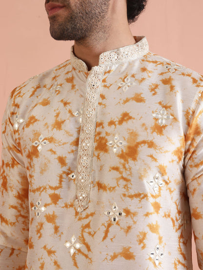 Cream Cotton Silk Mirror Work Kurta Trouser Set