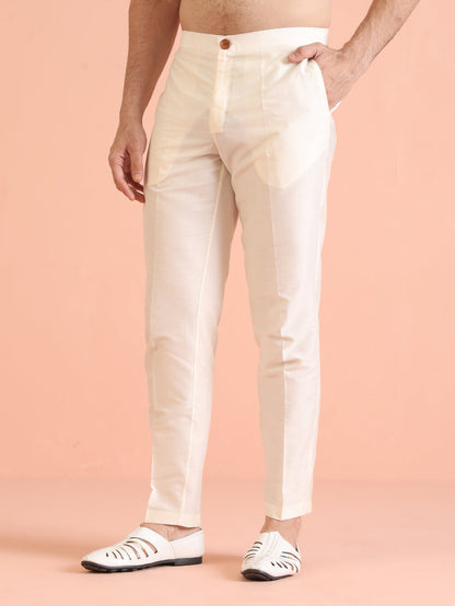 Cream Cotton Silk Mirror Work Kurta Trouser Set