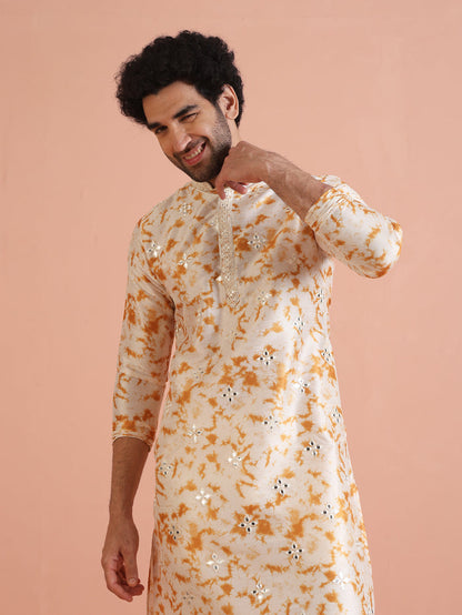 Cream Cotton Silk Mirror Work Kurta Trouser Set