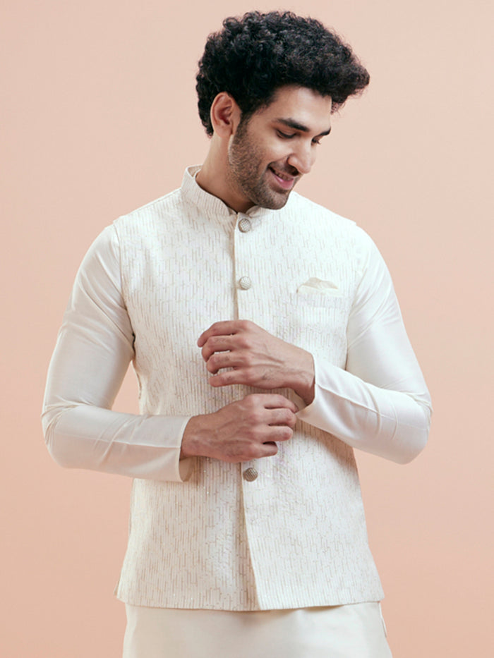 Cream Cotton Silk Textured Nehru Jacket