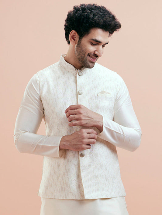Cream Cotton Silk Textured Nehru Jacket