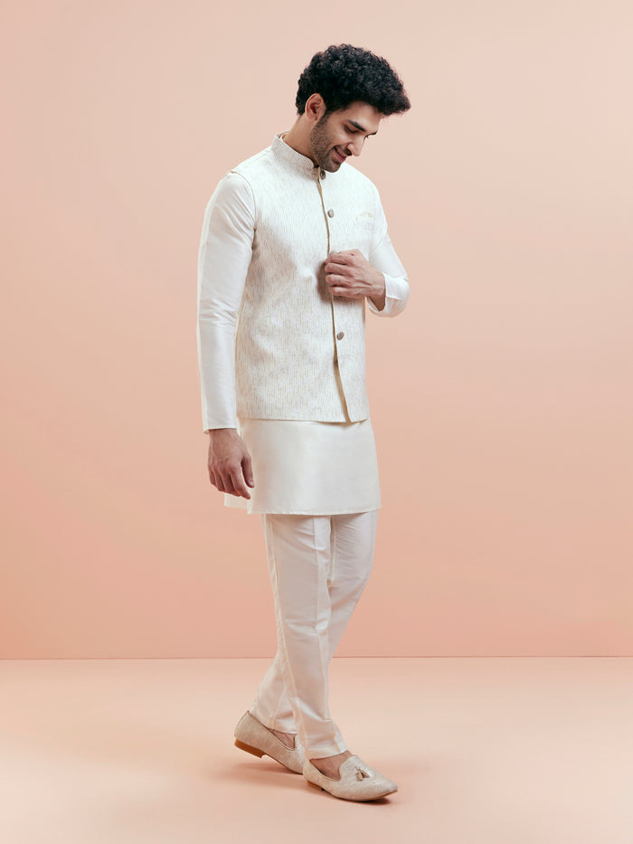 Cream Cotton Silk Textured Nehru Jacket