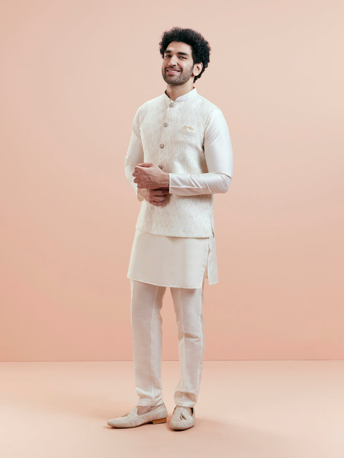 Cream Cotton Silk Textured Nehru Jacket