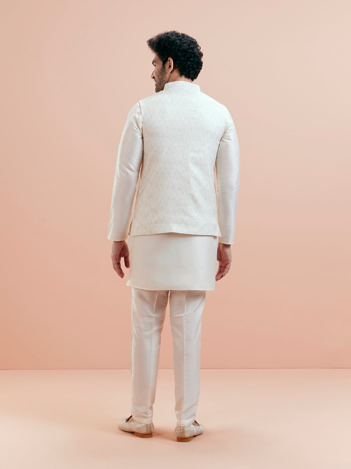 Cream Cotton Silk Textured Nehru Jacket