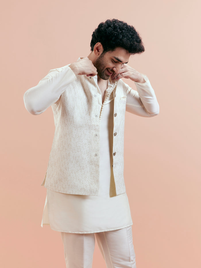 Cream Cotton Silk Textured Nehru Jacket