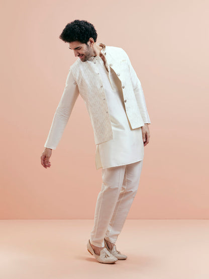 Cream Cotton Silk Textured Nehru Jacket