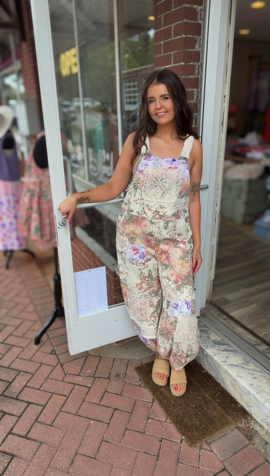 Cream Floral Overalls