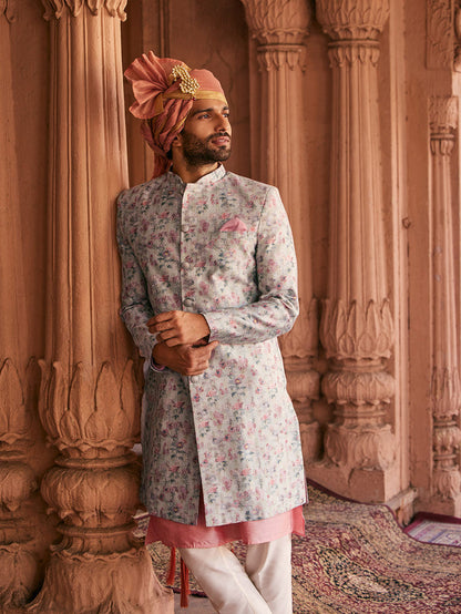 Cream Floral Silk Blend Sherwani Trouser Set