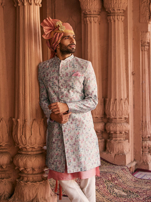 Cream Floral Silk Blend Sherwani Trouser Set