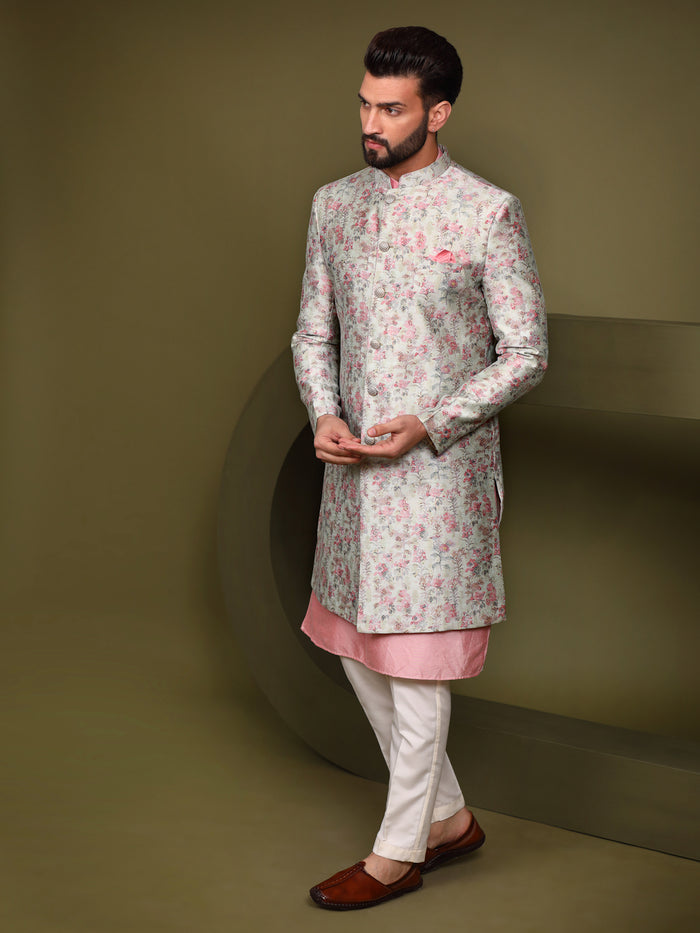 Cream Floral Silk Blend Sherwani Trouser Set