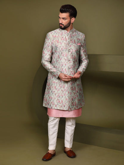 Cream Floral Silk Blend Sherwani Trouser Set