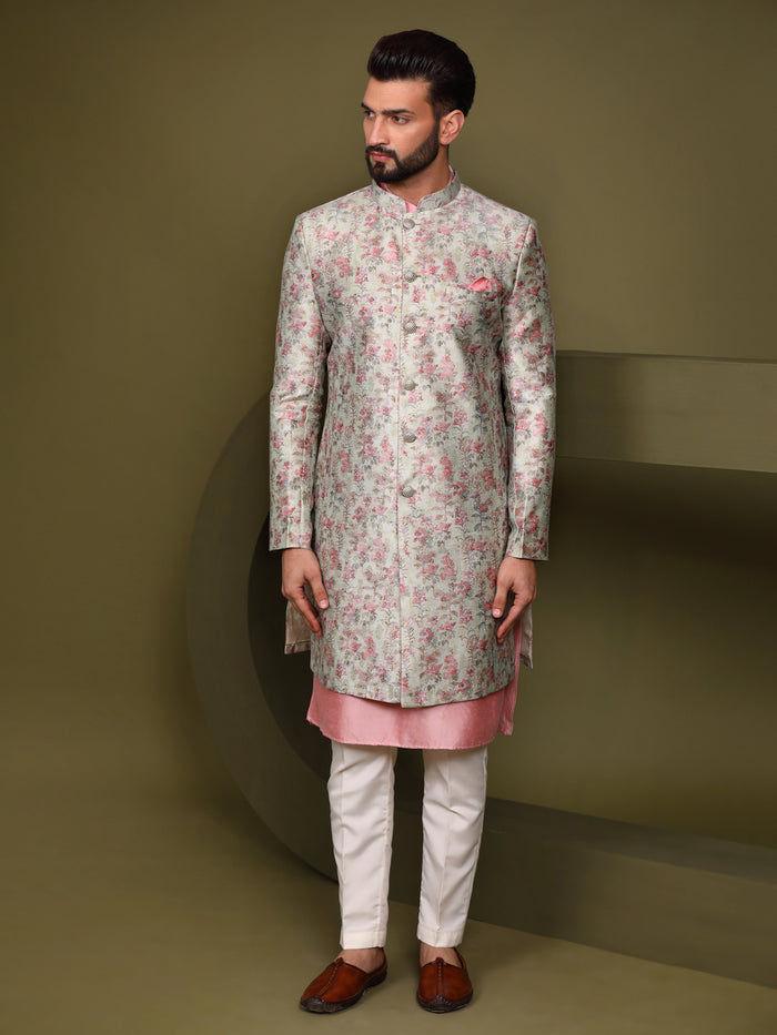 Cream Floral Silk Blend Sherwani Trouser Set