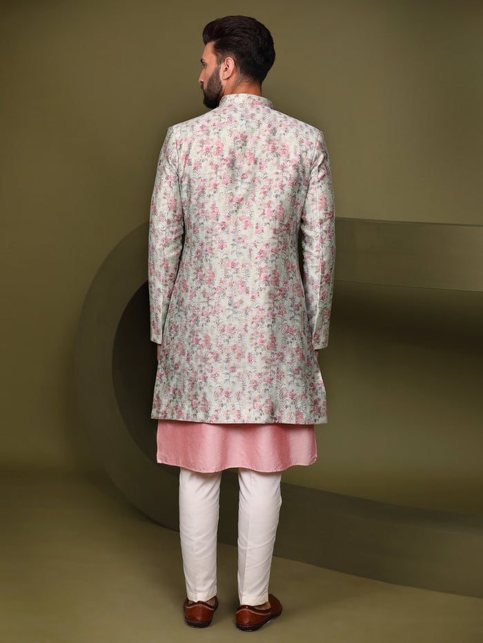 Cream Floral Silk Blend Sherwani Trouser Set
