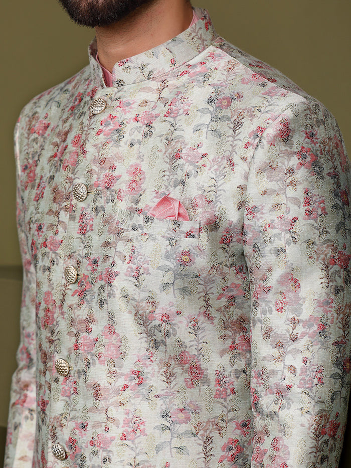 Cream Floral Silk Blend Sherwani Trouser Set