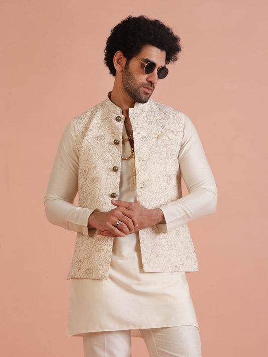 Cream Golden Floral Nehru Jacket