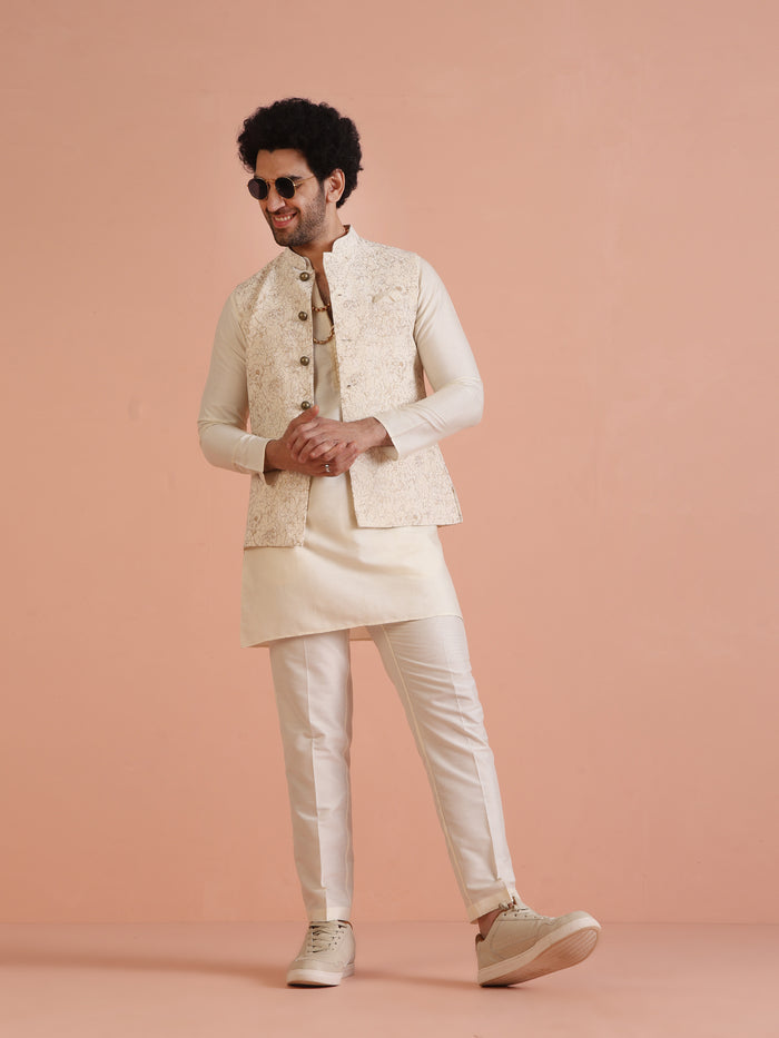 Cream Golden Floral Nehru Jacket