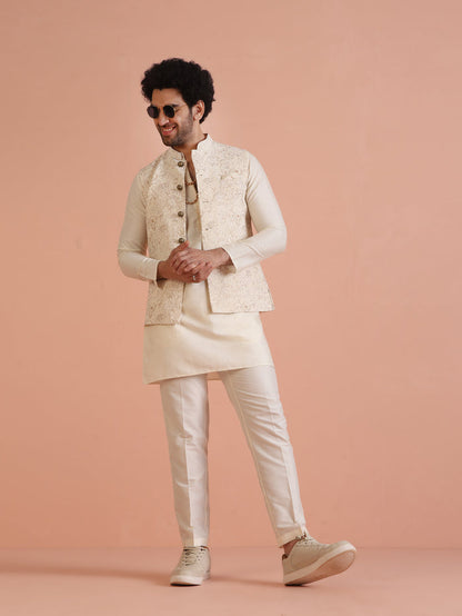 Cream Golden Floral Nehru Jacket