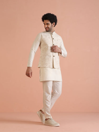 Cream Golden Floral Nehru Jacket