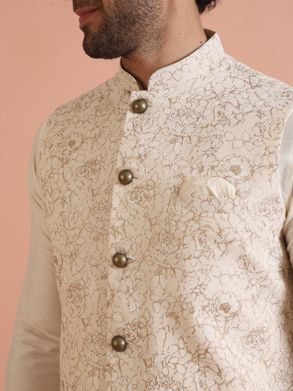 Cream Golden Floral Nehru Jacket