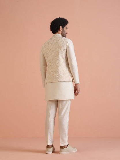 Cream Golden Floral Nehru Jacket