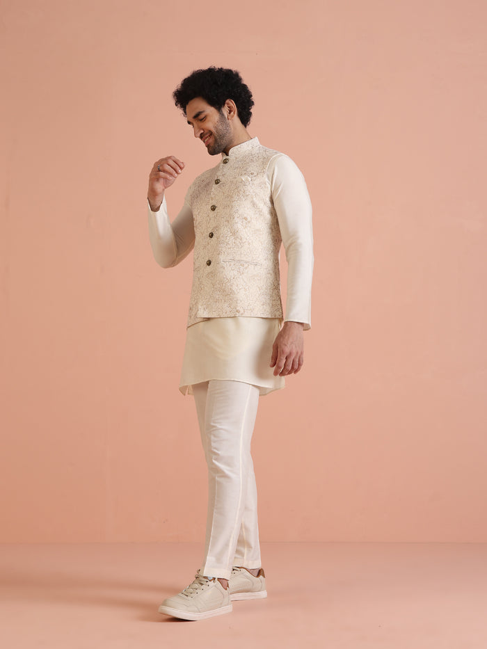 Cream Golden Floral Nehru Jacket
