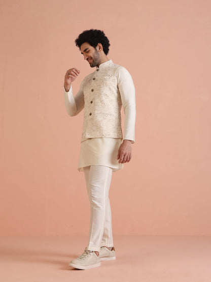 Cream Golden Floral Nehru Jacket