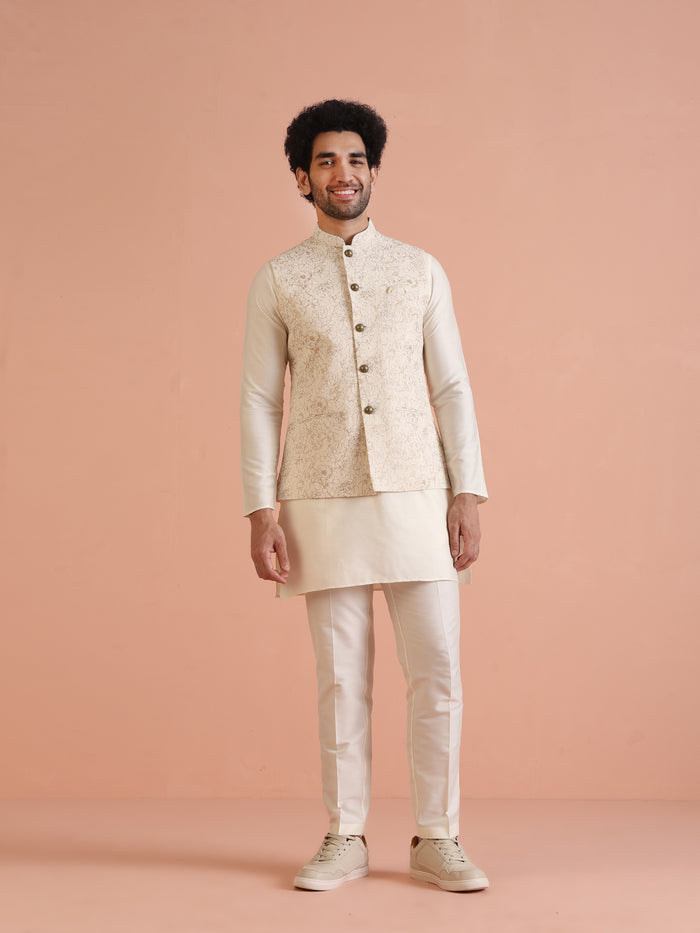 Cream Golden Floral Nehru Jacket