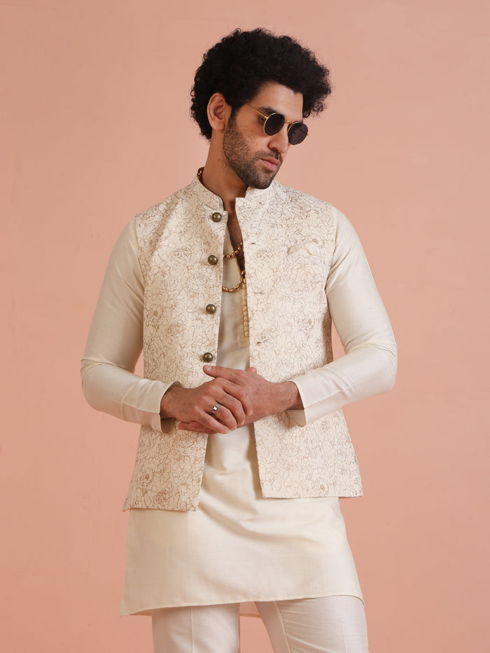 Cream Golden Floral Nehru Jacket