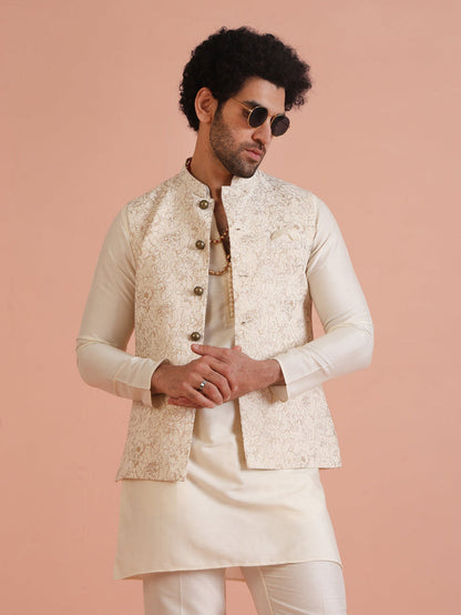 Cream Golden Floral Nehru Jacket